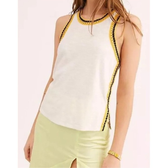 Free People Bora Bora Crochet Racerback Tank Top Cream Yellow Black size xs - Picture 2 of 15